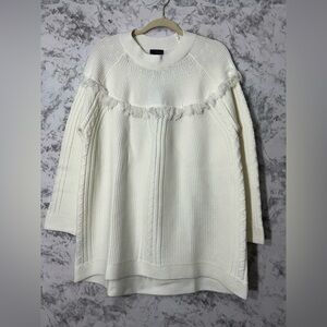 Women’s White Cable Knit Fringe Crewneck Sweater